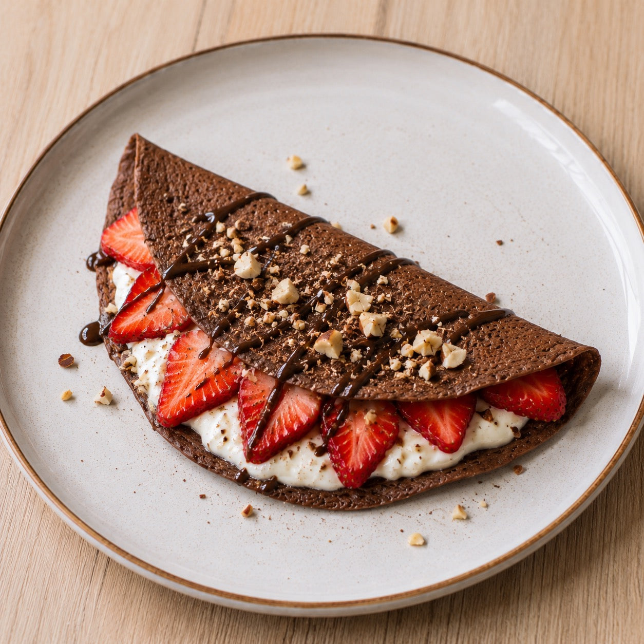 Crêpes cacao-noisette, skyr vanille & fraises