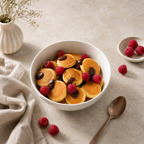 Bowl mini pancakes chocolat et framboises