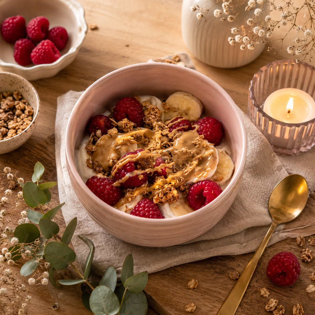 Bowl yaourt grec, granola, banane-framboise et amande