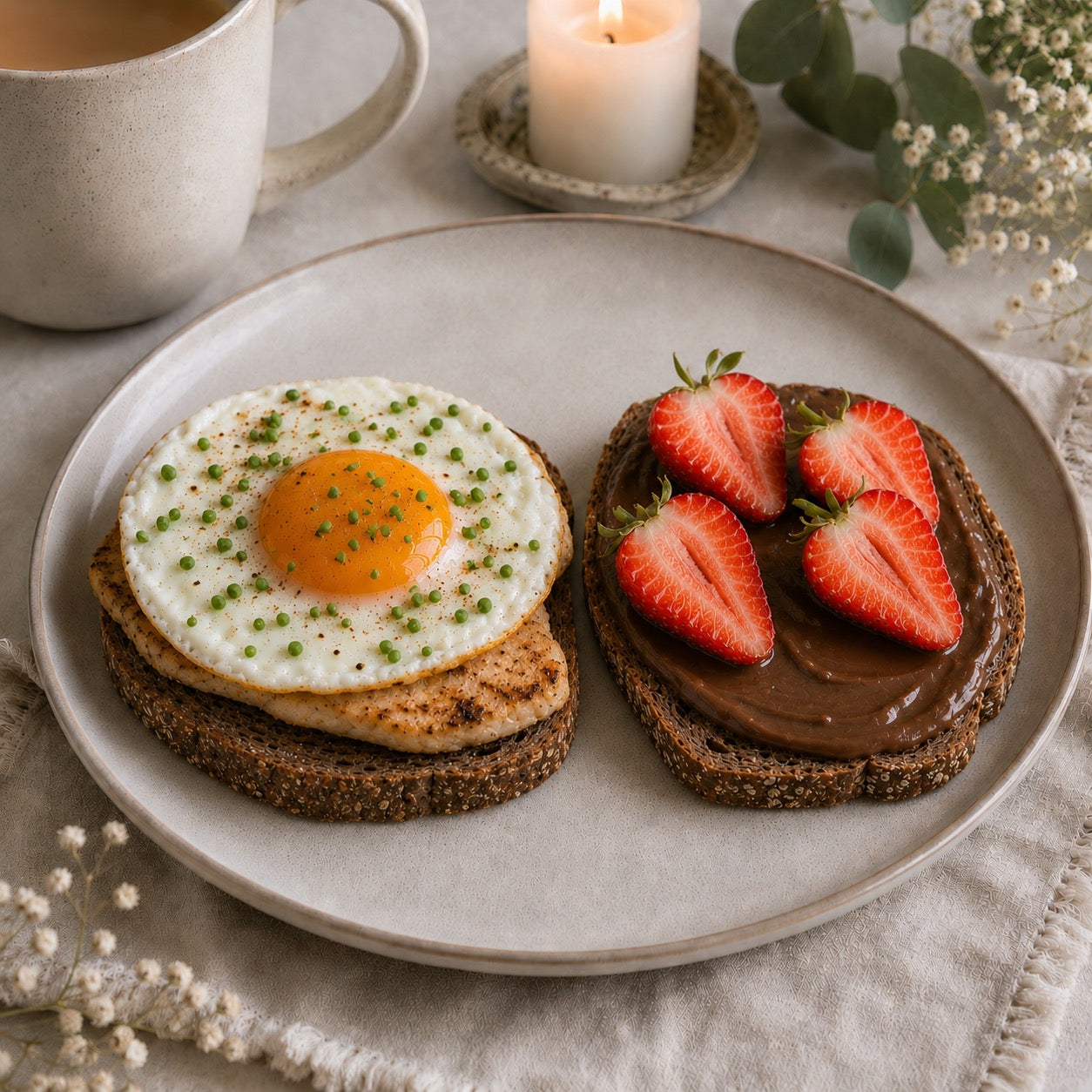 Duo de tartines de seigle chocolat-fraises & œuf-poulet grillé