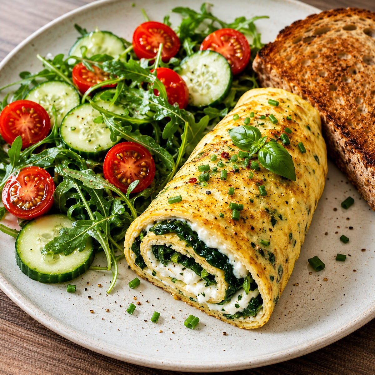 Omelette roulée épinards, ricotta citronnée et pain complet grillé