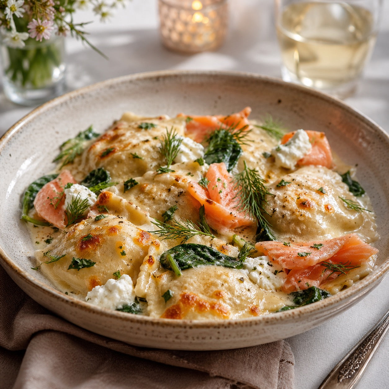 Gratin de raviolis crème, saumon fumé, épinards et chèvre frais