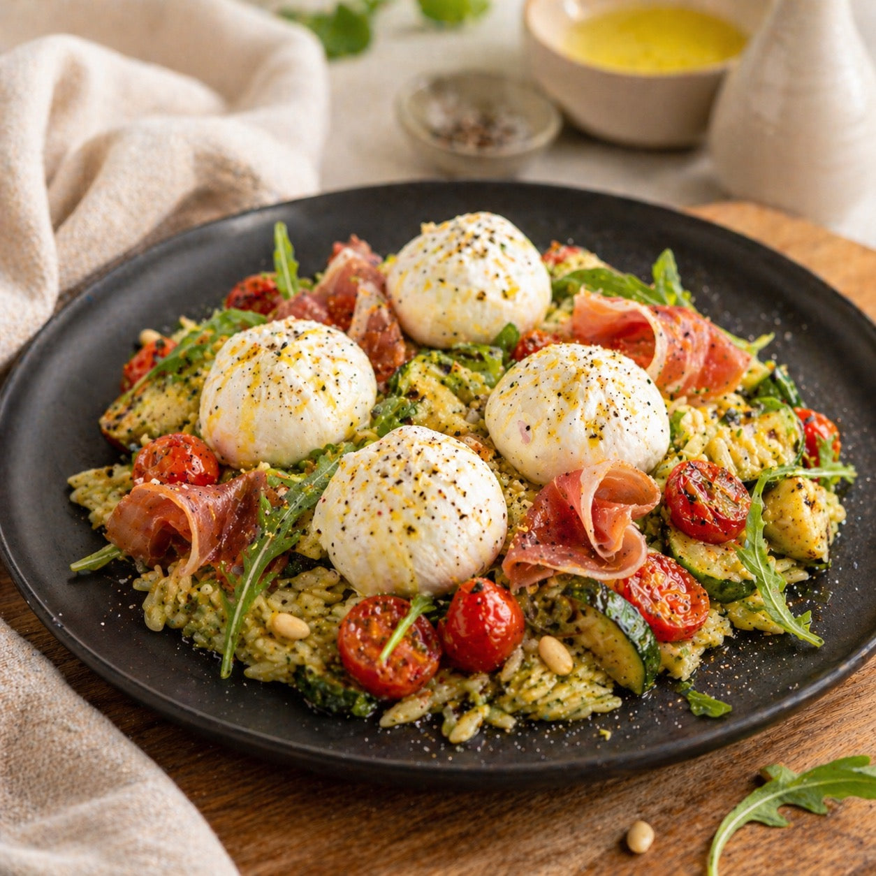 Orzo pesto, légumes, jambon serrano & mini burrata