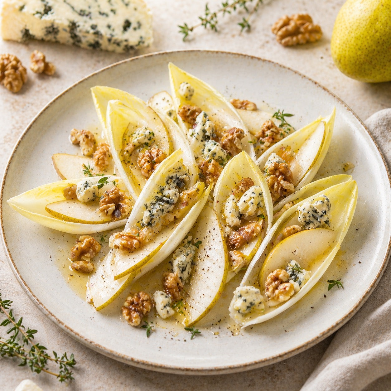 Endives au bleu, noix et poire