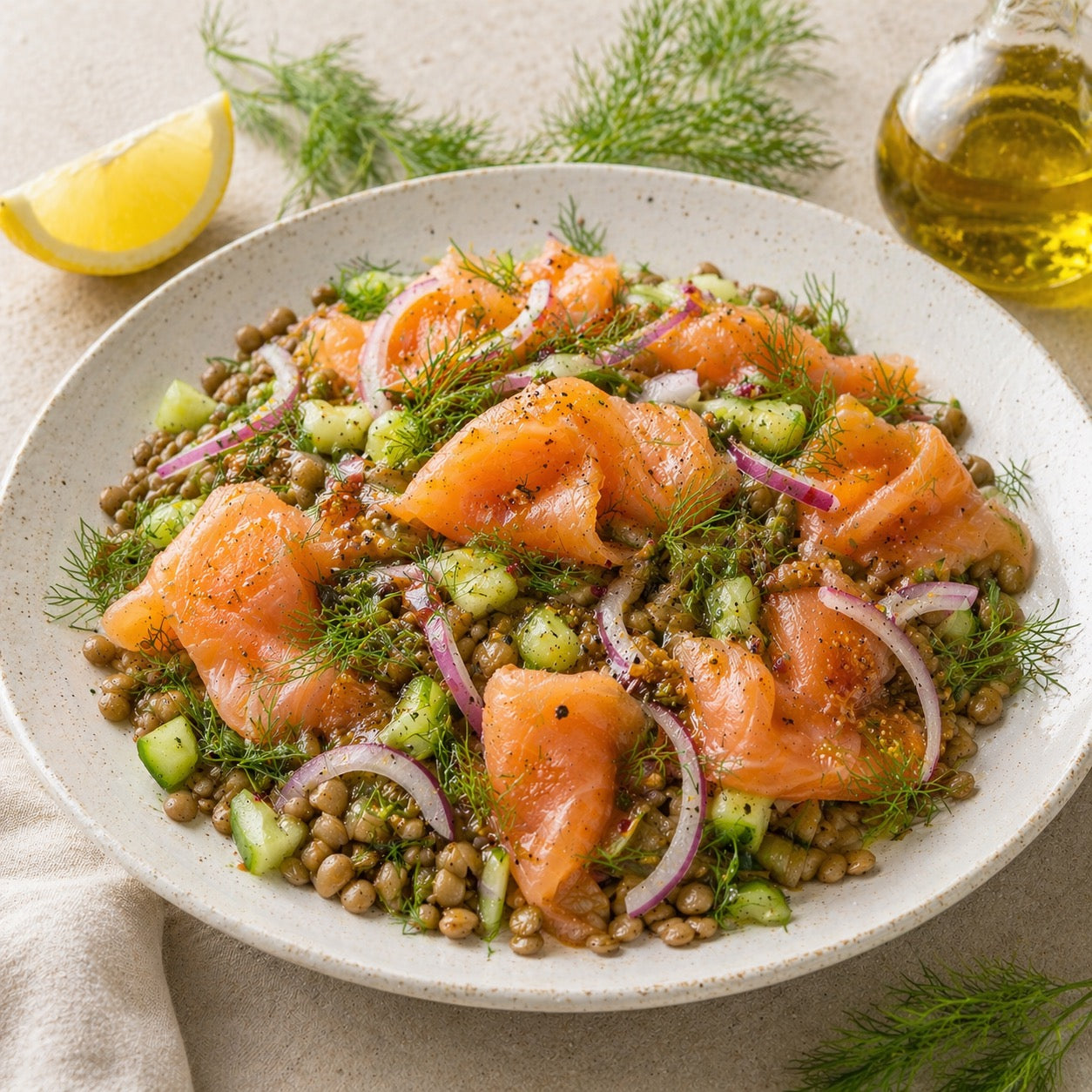 Salade de lentilles, saumon fumé et aneth