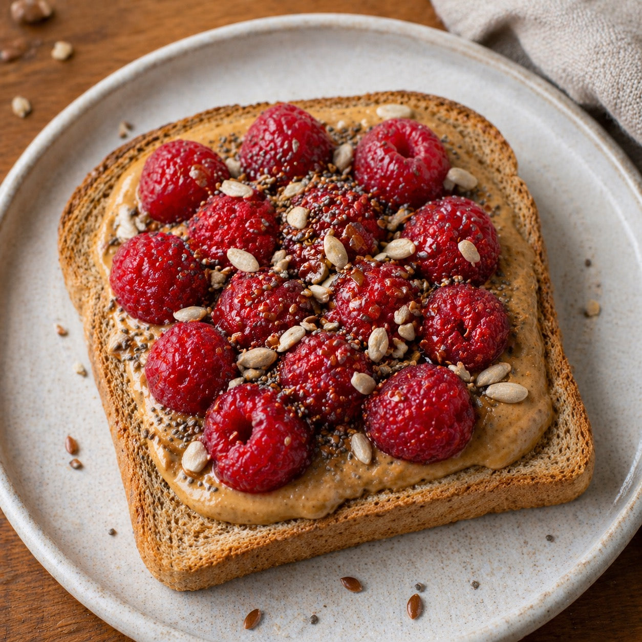 Toast complet purée d’amande, framboises et graines