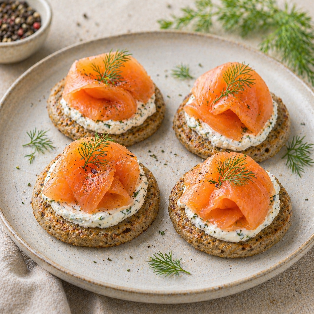 Blinis de sarrasin au fromage frais et saumon