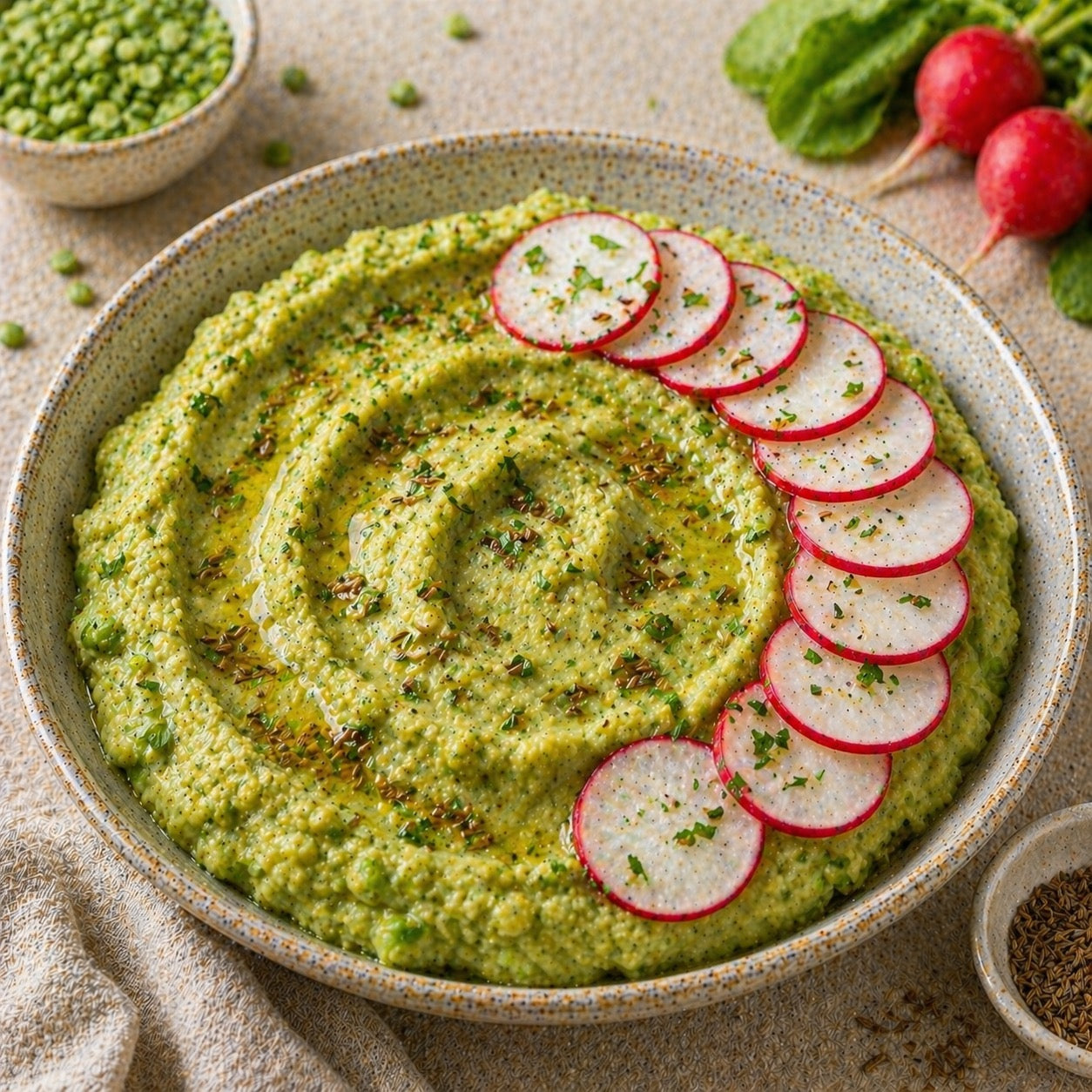 Purée de pois cassés au cumin et radis