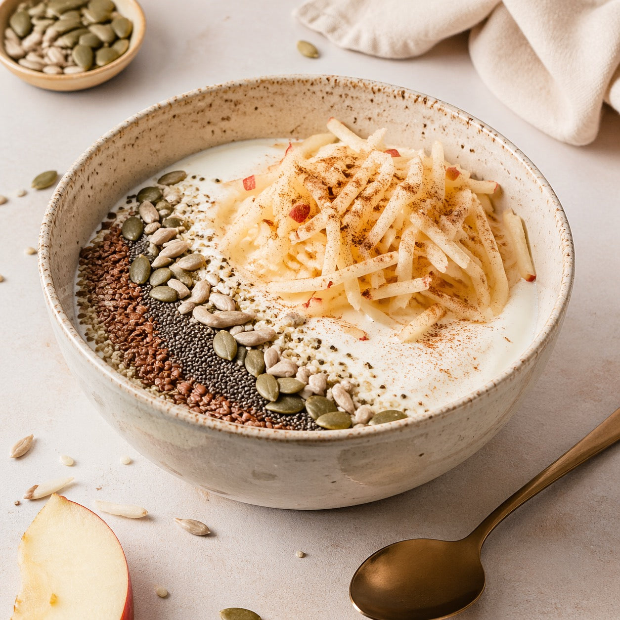 Yaourt soja, pomme râpée, cannelle et graines