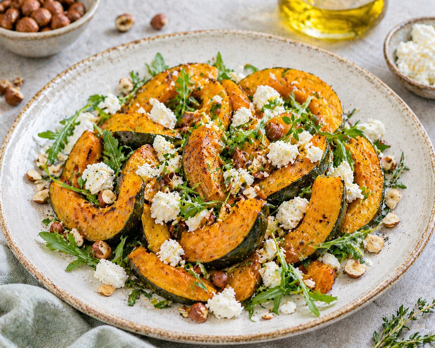 Courge rôtie, feta et noisettes