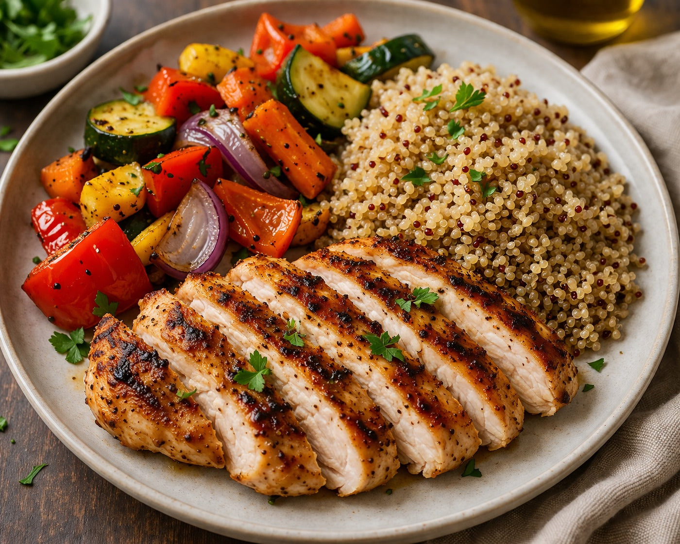 Poulet quinoa légumes rôtis