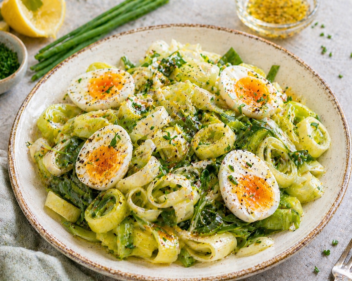 Poireaux vinaigrette et œuf mollet