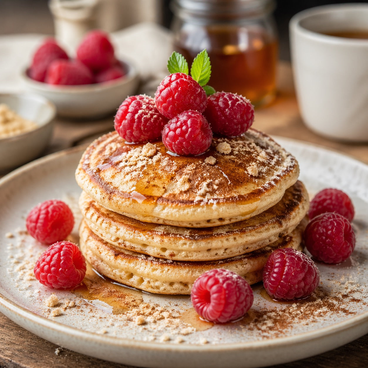 Pancakes amande-cannelle aux framboises