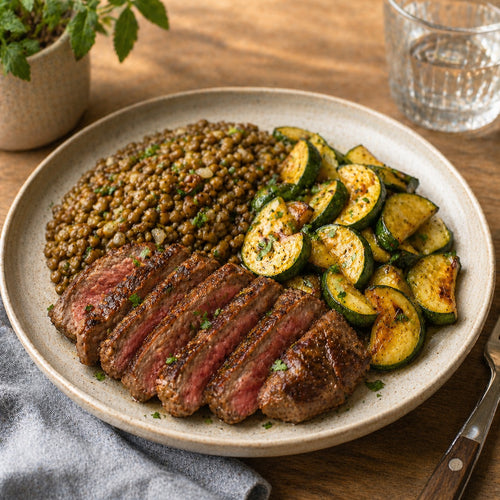 Steak 5 %, courgettes poêlées et lentilles persillées