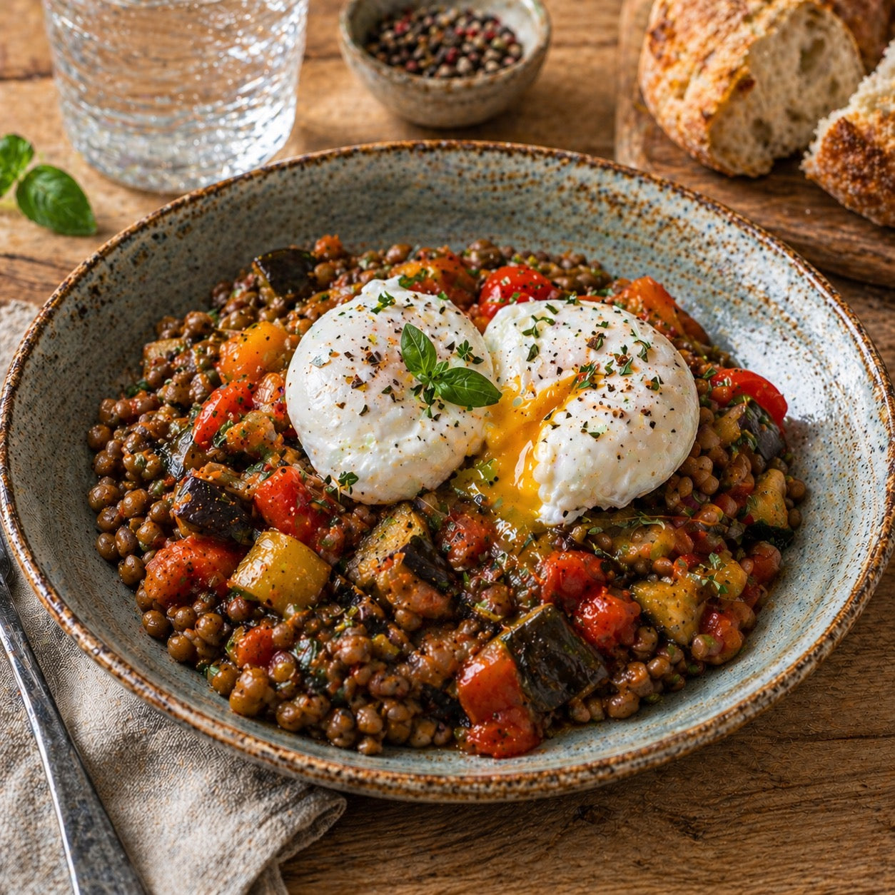 Œufs pochés ratatouille lentilles