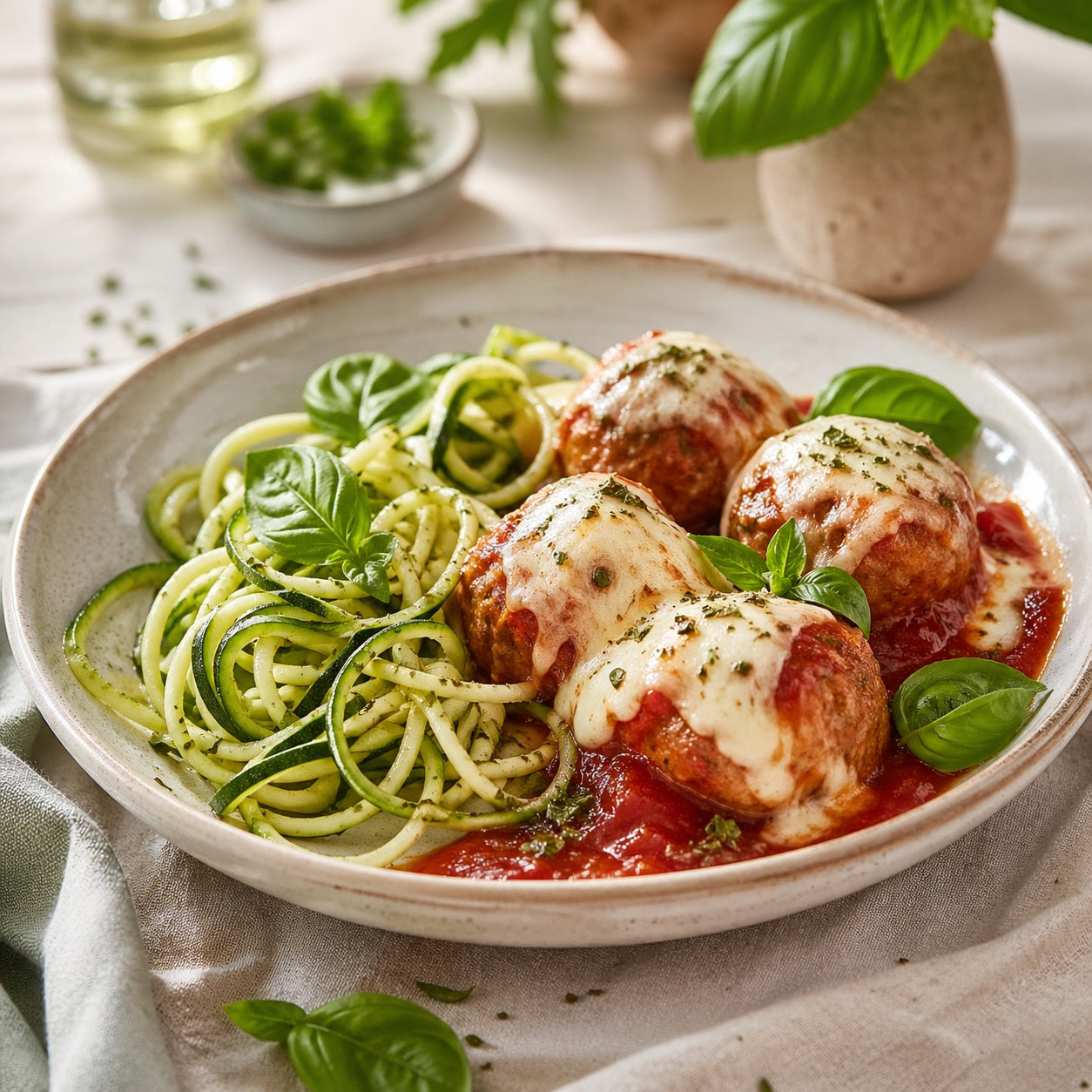Boulettes de dinde tomate-mozza & spaghetti de courgette