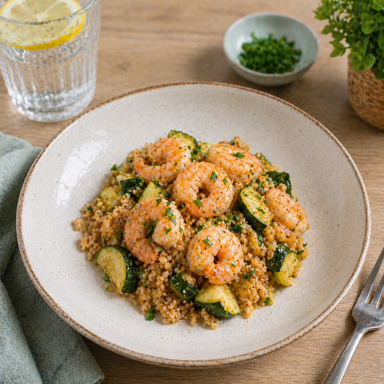 Boulgour complet aux crevettes et courgettes sautées
