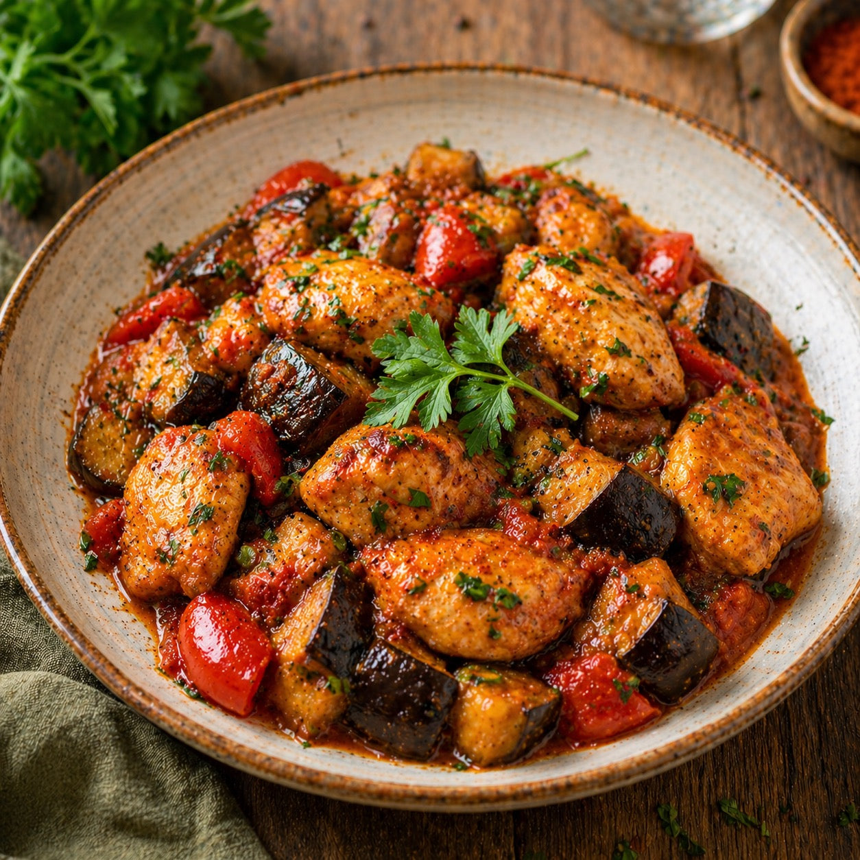 Poulet paprika aubergines