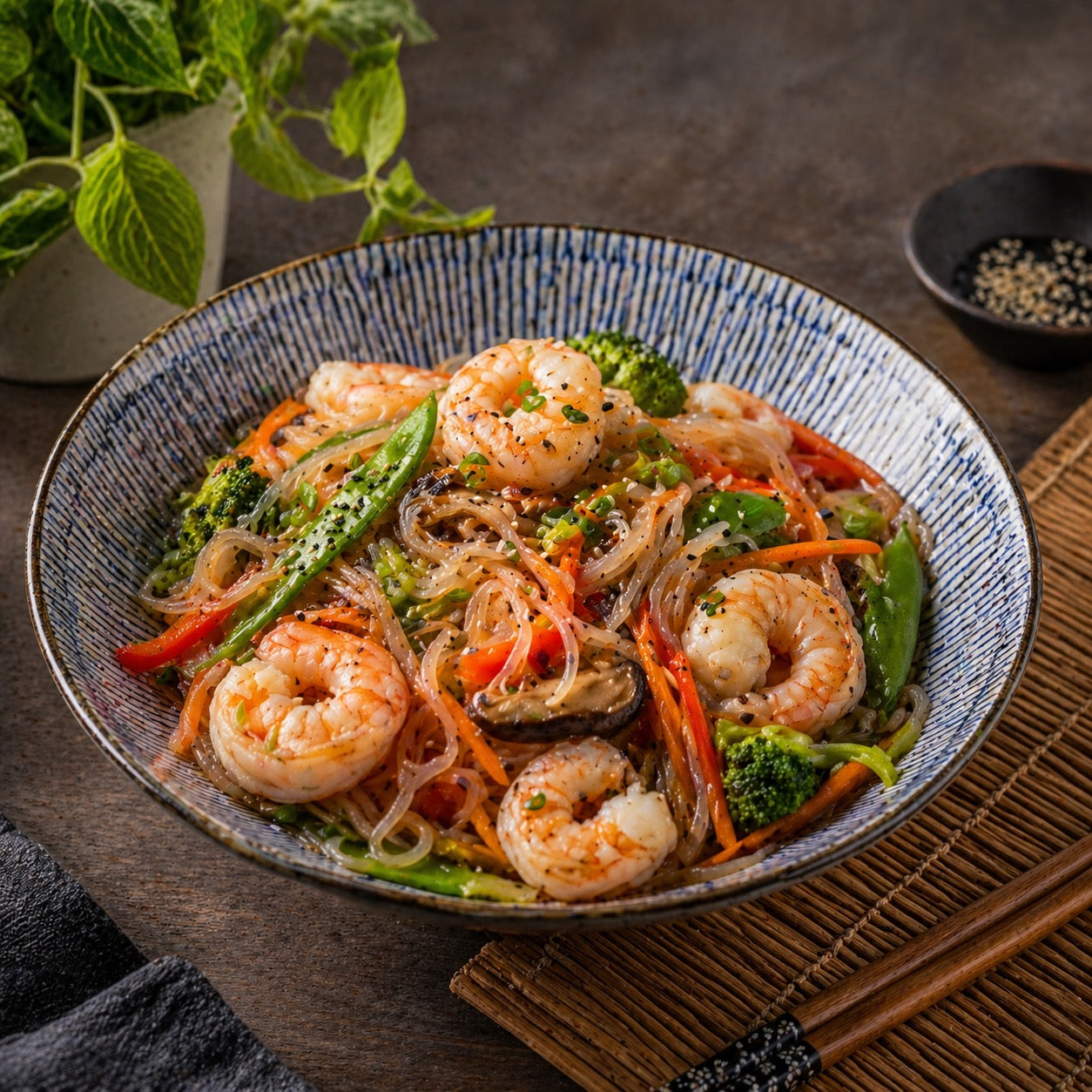 Crevettes légumes nouilles konjac