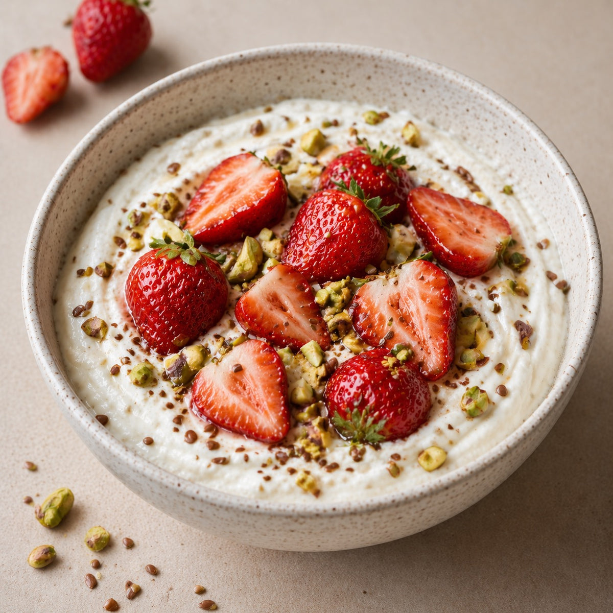 Fromage blanc aux fraises, lin & pistaches