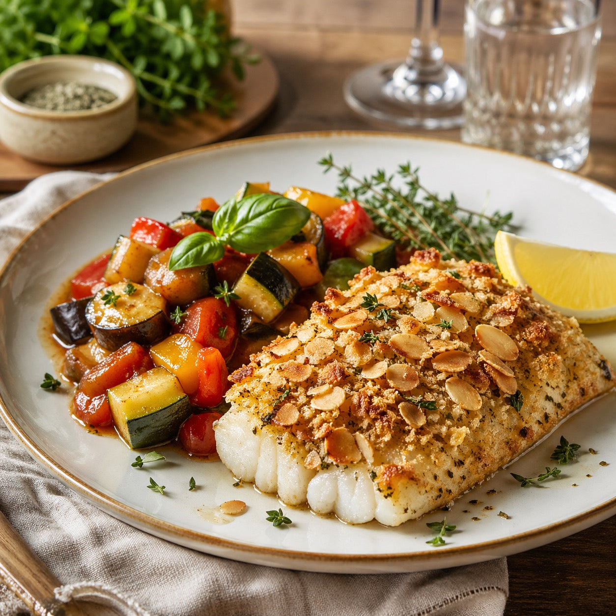 Cabillaud en croûte d’amandes, ratatouille express