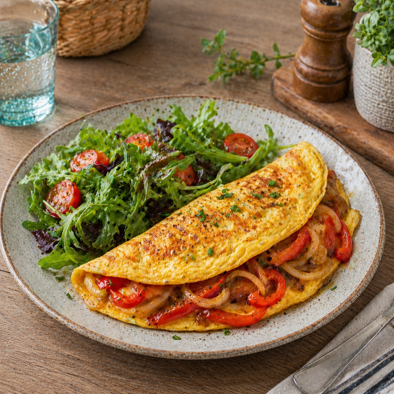 Omelette poivrons oignons salade