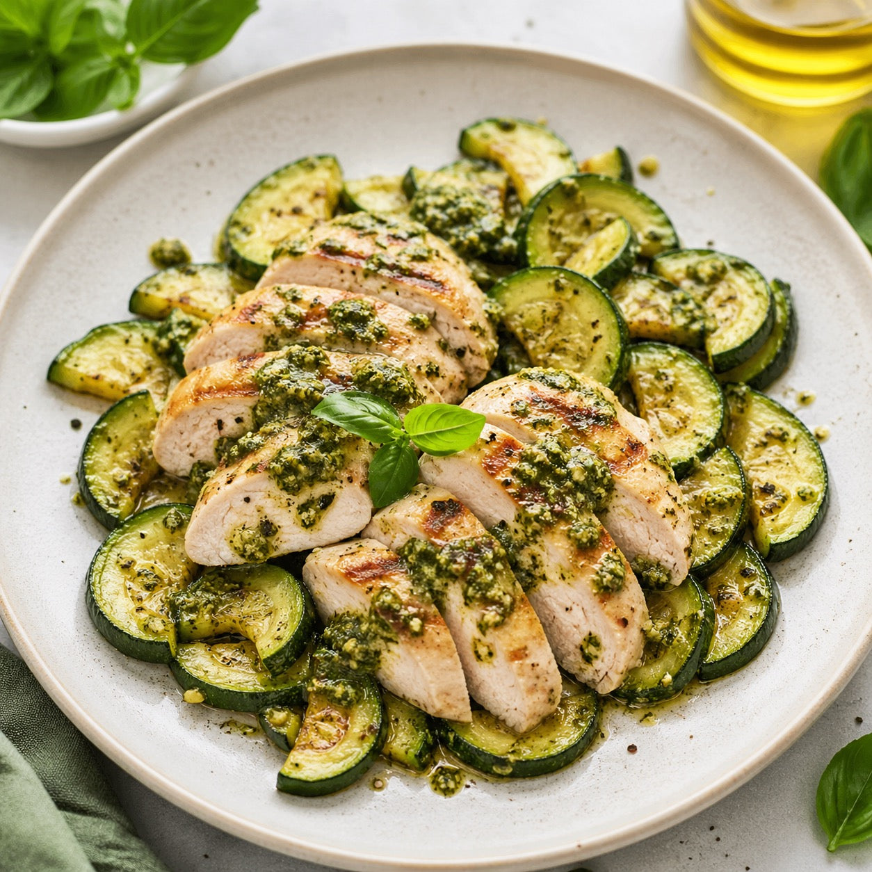Poulet pesto léger courgettes
