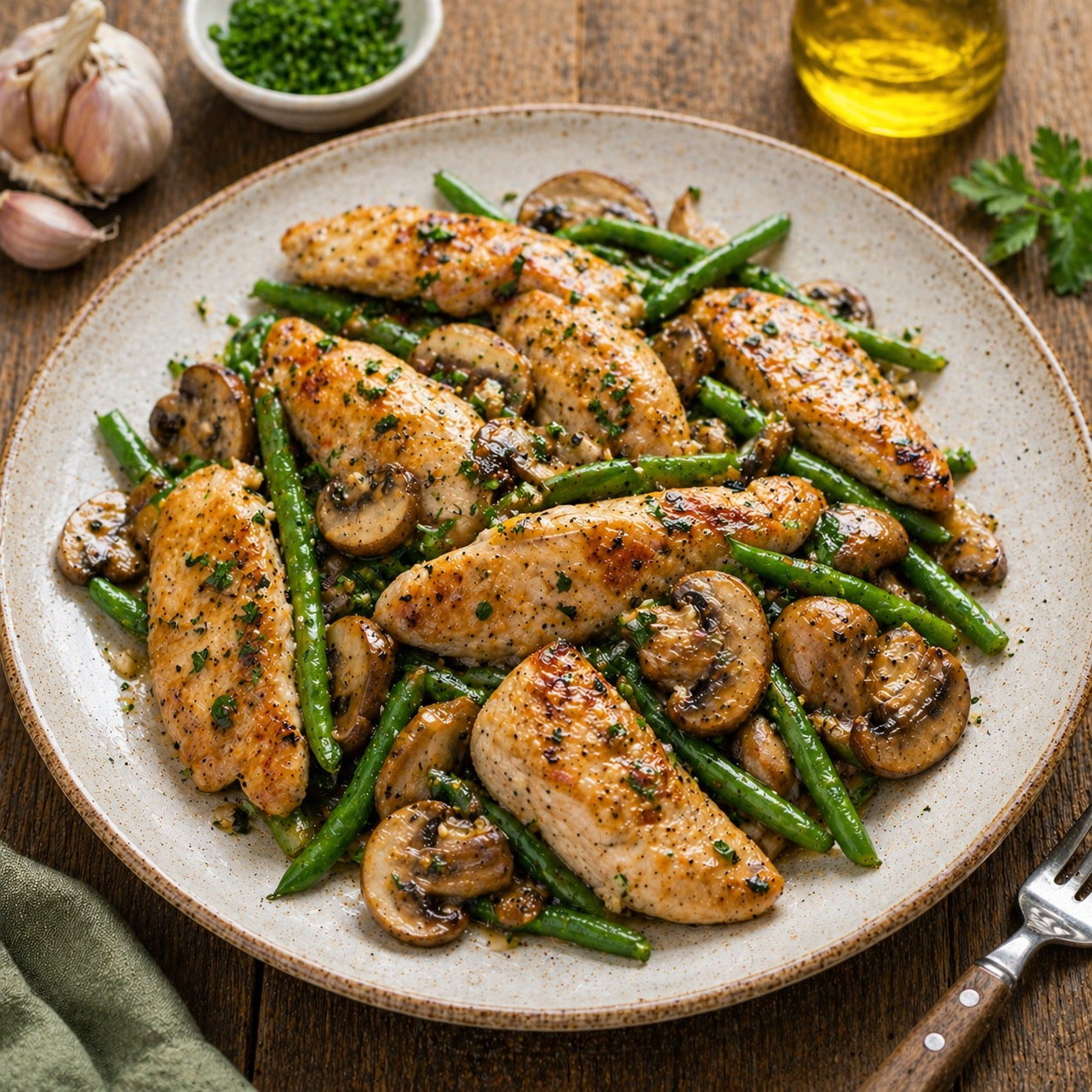 Poulet ail champignons haricots verts