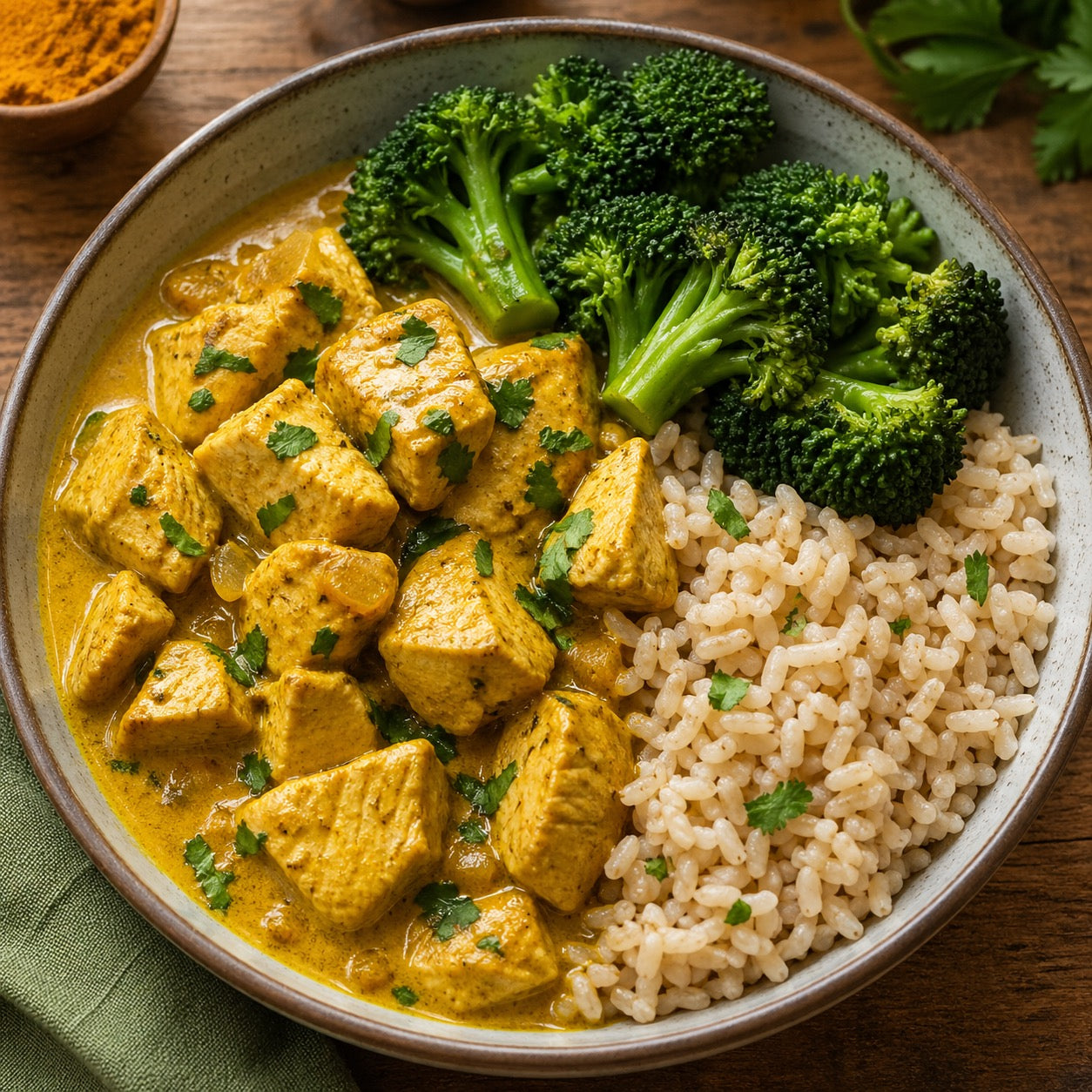 Dinde curry brocoli riz complet