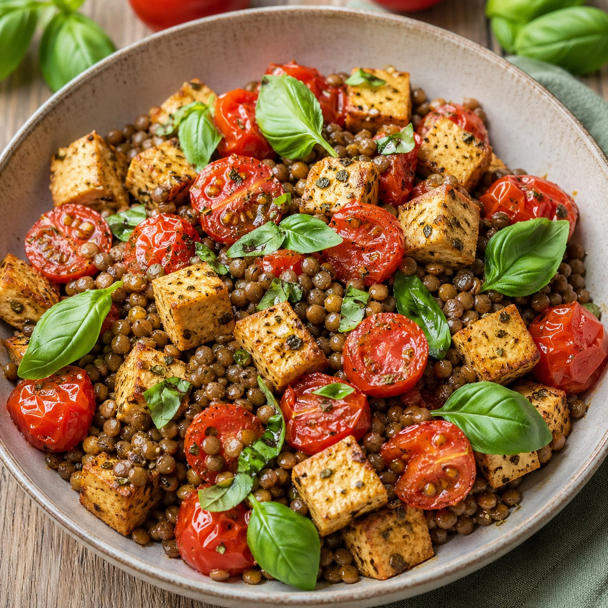 Tofu tomate basilic lentilles