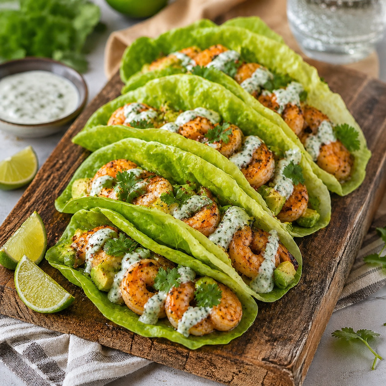 Tacos laitue crevettes-avocat, sauce yaourt épicée