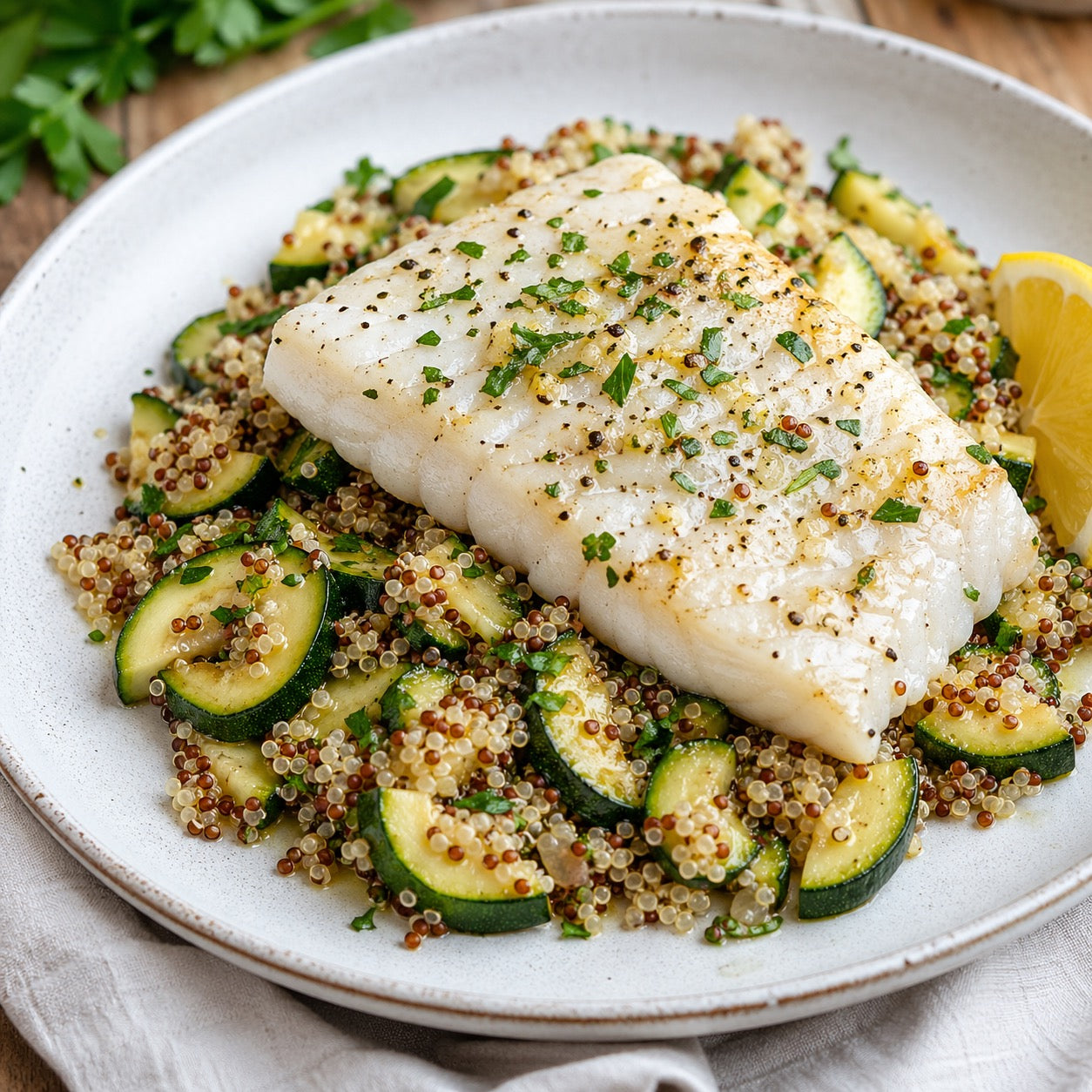 Merlan courgettes quinoa