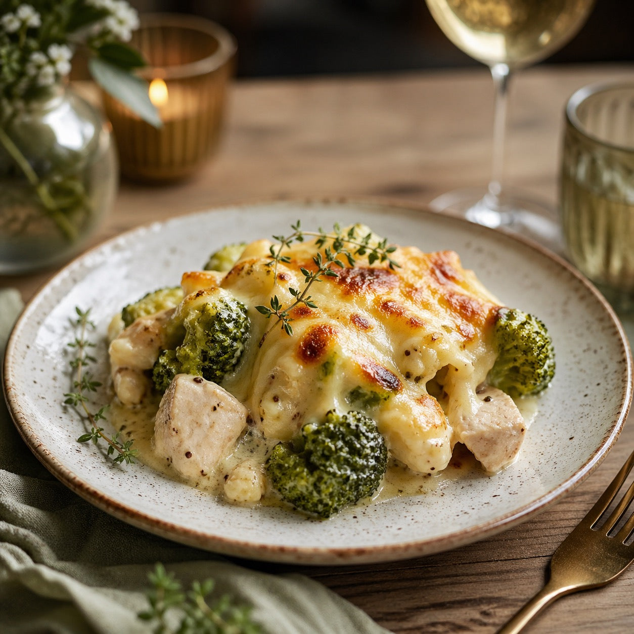 Gratin brocoli-poulet, crème moutarde & comté