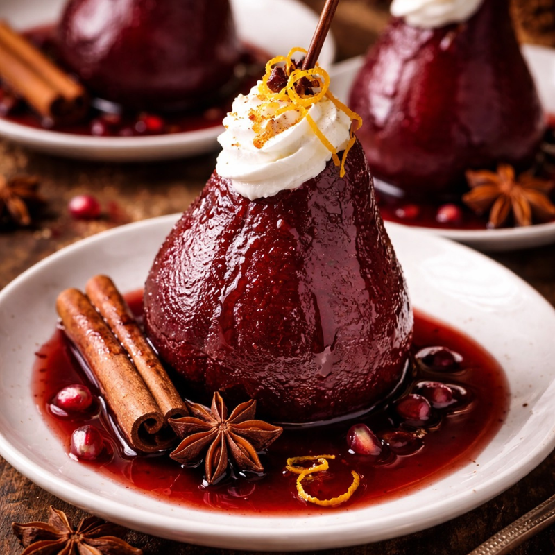 Poires pochées vin rouge