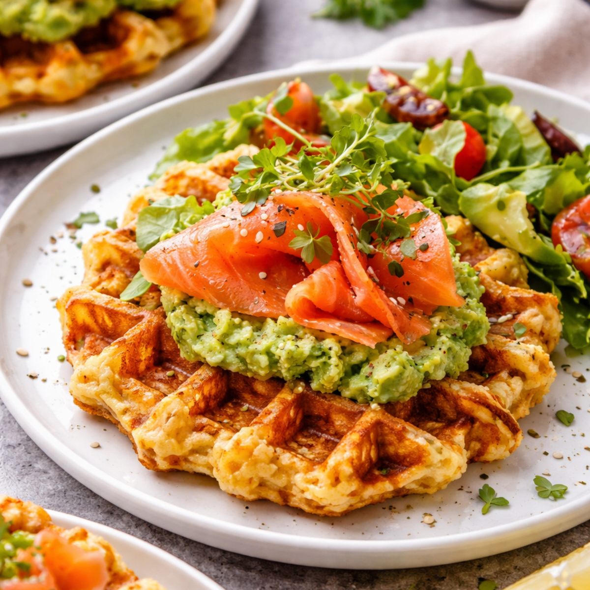 Gaufres croustillantes pomme de terre, avocat et saumon fumé