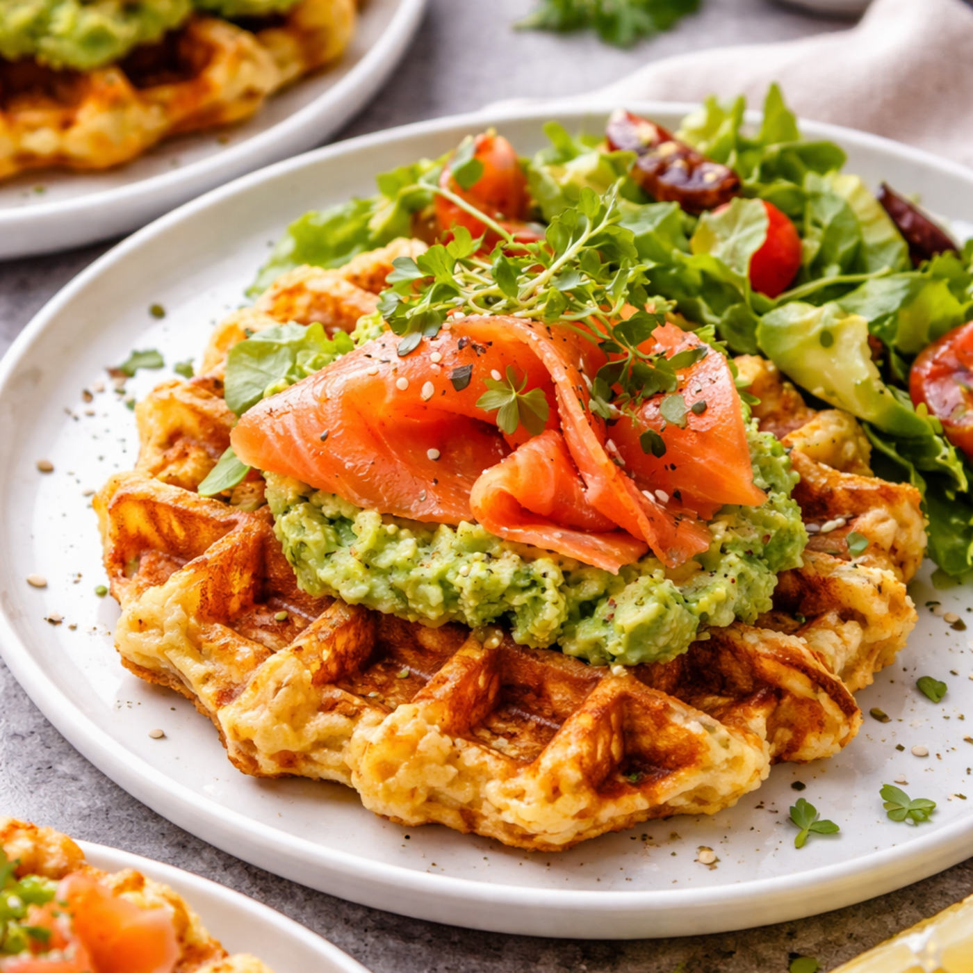 Gaufres croustillantes pomme de terre, avocat & saumon fumé