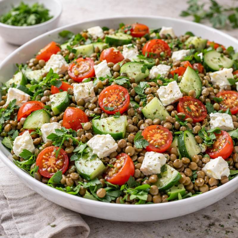 Salade de lentilles, feta et légumes frais
